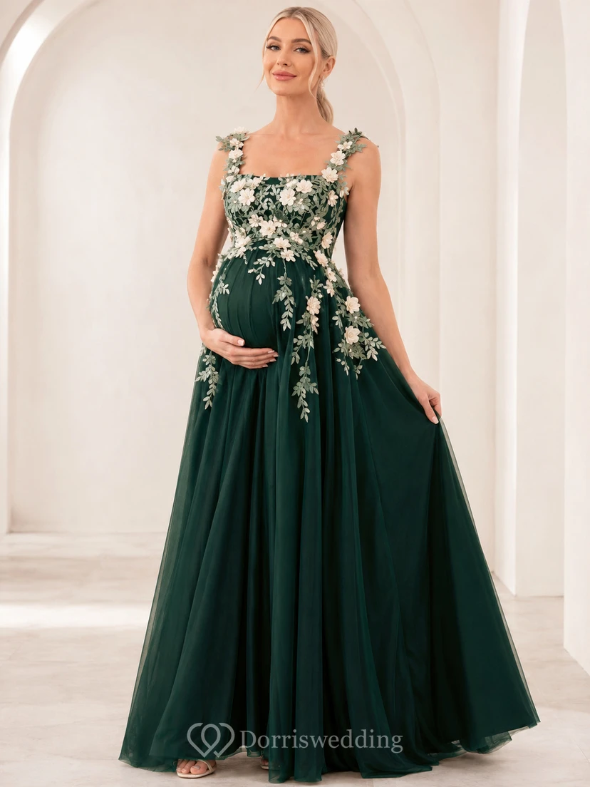 Vestido formal de lujo de tul con apliques florales y escote cuadrado, color verde oscuro, ideal para embarazadas.