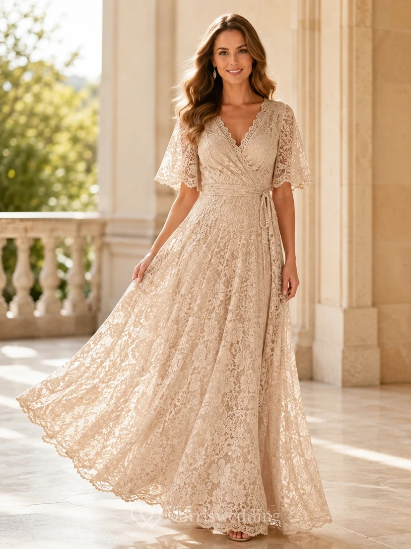 Champagnerfarbenes, bodenlanges Abendkleid mit V-Ausschnitt, flatternden Ärmeln und Spitze in A-Linie