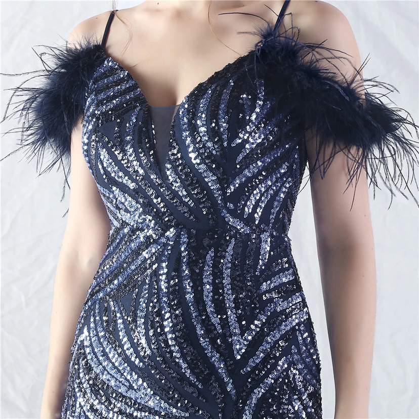 Crafted Ostrich Feather Stacked Sequins Splicing Mesh Gauze High-End Evening Dress Clothes view 49