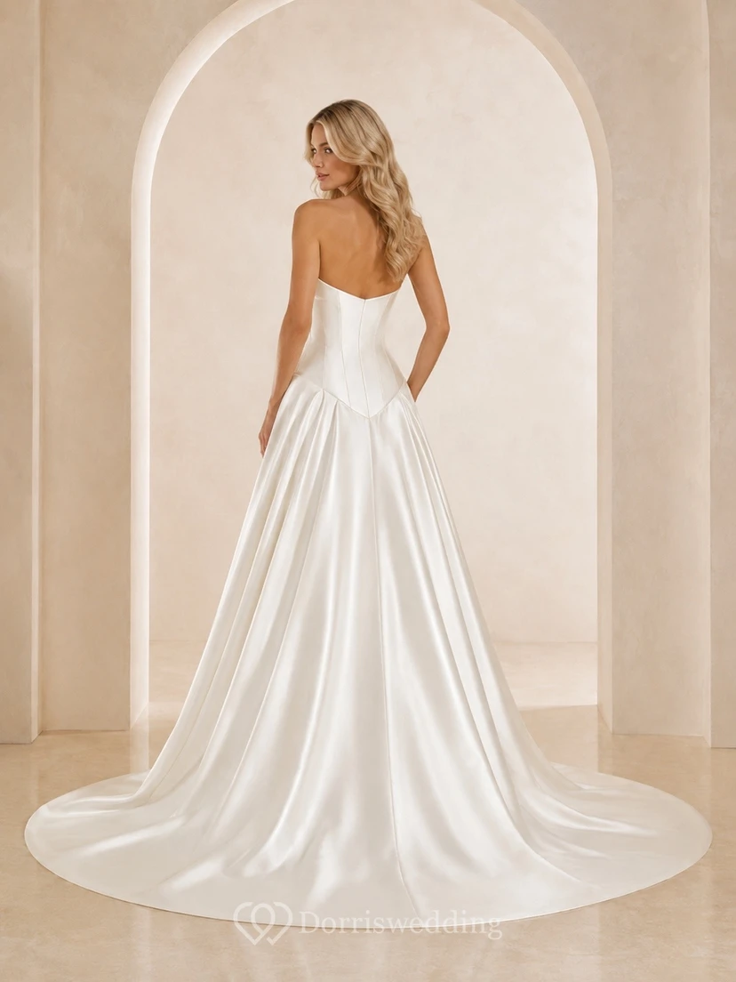 Vestido de novia sencillo de satén sin tirantes, con talle bajo y corte en A. view 2