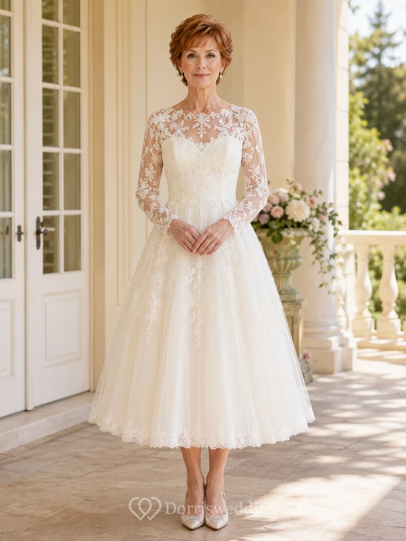 Vestido de novia modesto de encaje, largo hasta la rodilla, cuello alto y manga larga para novias mayores