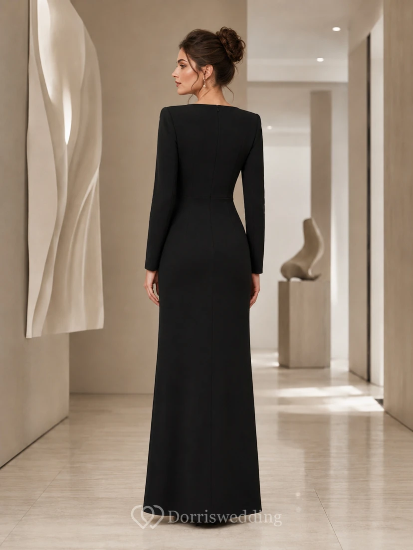Black Square Neck Long Sleeve Sheath Gown With Slit view 2
