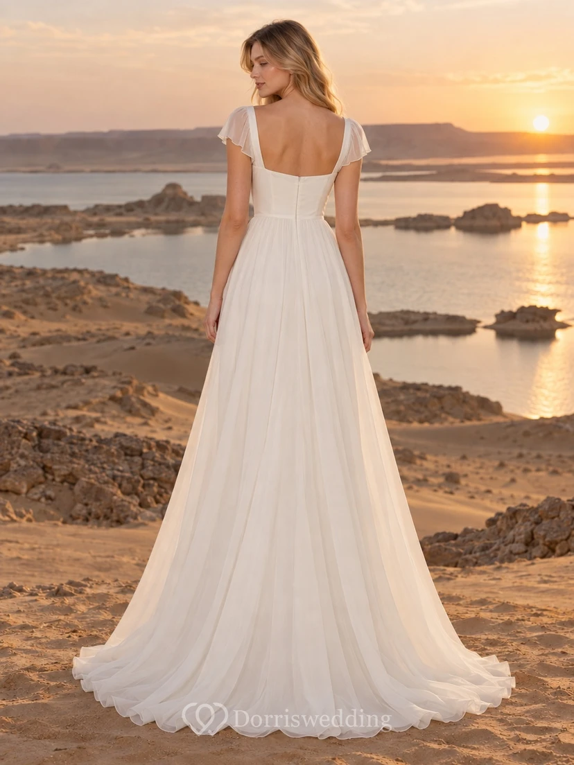 Vestido de novia sencillo de gasa con cuello cuadrado, mangas cortas, cintura fruncida y cola de barrido. view 2