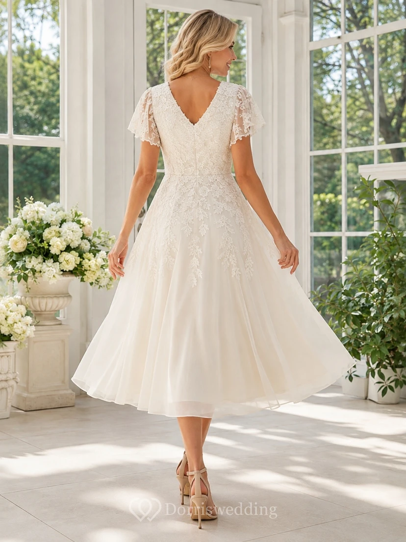 Bridal Romantic V-Neck Lace-Tulle Short-Sleeve A-Line Tea-Length Wedding Dress view 2