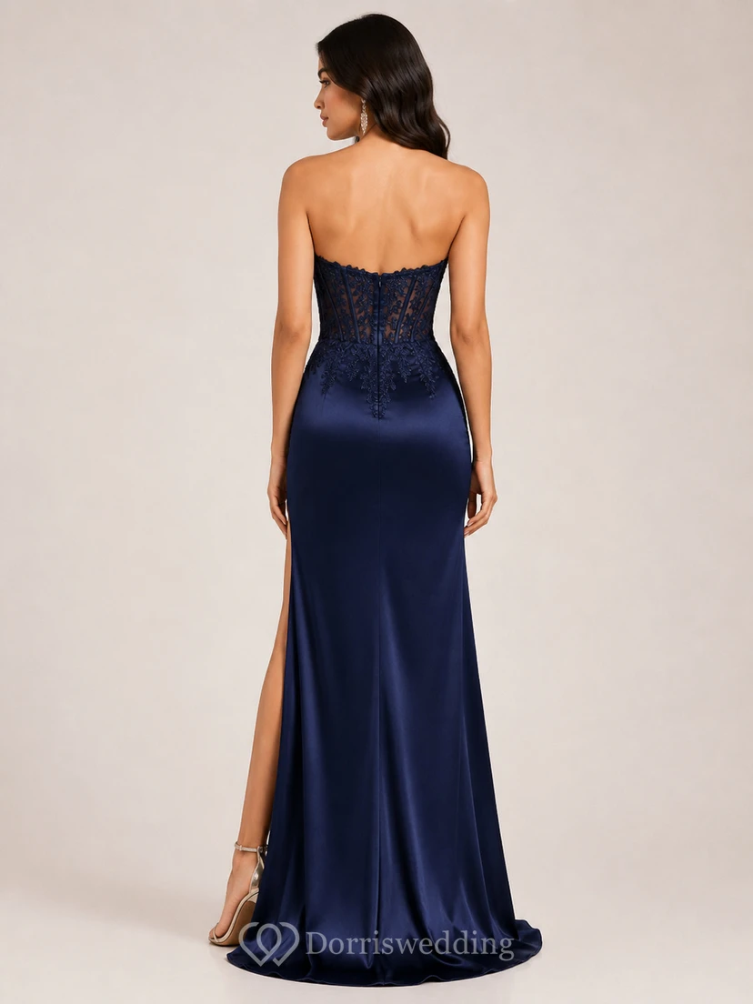 Sheath Sweetheart Satin Prom Dress with Lace view 2