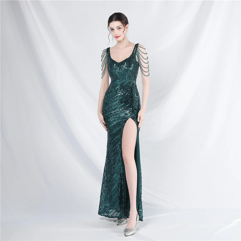 Craft Sequined Velvet Bottom Handmade Beaded Long Elegant Light Luxury Evening Dress view 31