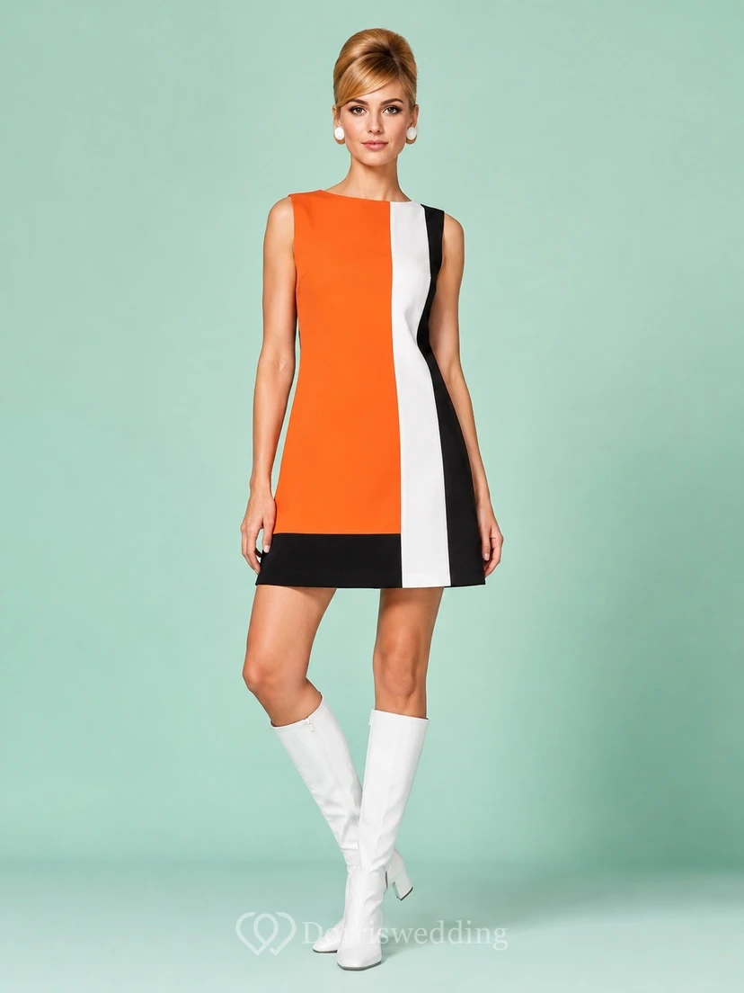Robe de cocktail mini-moderne orange vintage colorblock sans manches à motif géométrique et fourreau géométrique