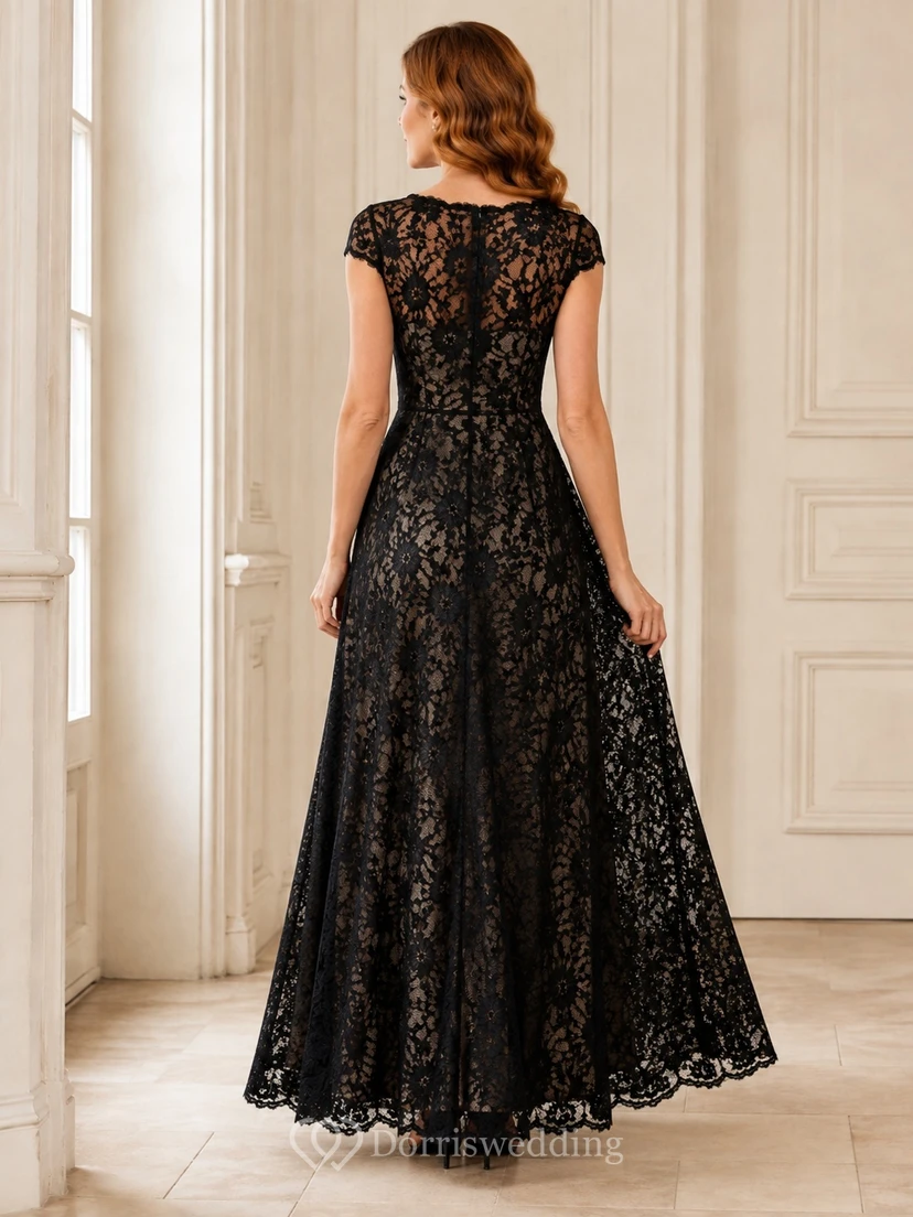 Vintage Black Cap Sleeve Bateau Lace A-Line Ankle-Length Formal Evening Dress view 2