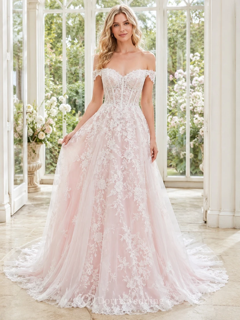 Rosafarbenes, schulterfreies A-Linien-Brautkleid aus Spitze mit Schleppe für eine Gartenhochzeit