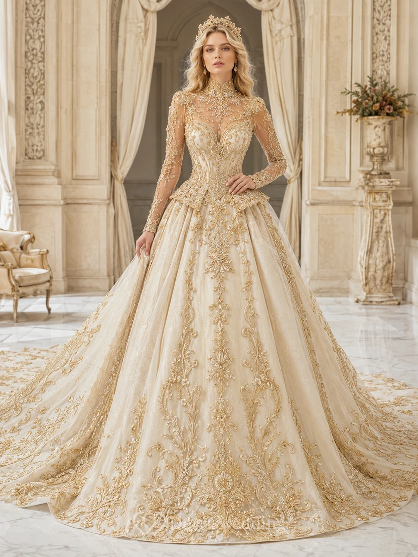 Robe de mariée de bal en dentelle perlée à manches longues et col montant, traîne cathédrale illusion