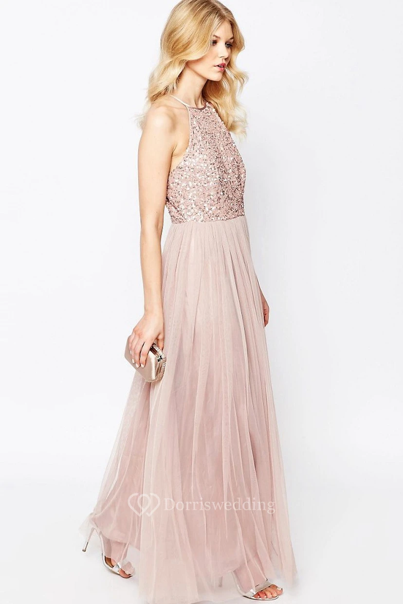 Sheath High Neck Sleeveless Floor-Length Tulle Bridesmaid Dress With Sequins view 3