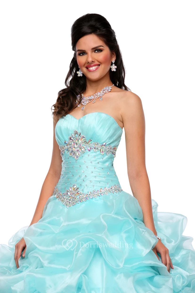 Sweetheart A-Line Sleeveless Organza Cascading Ruffles Ball Gown With Lace-Up Back view 3