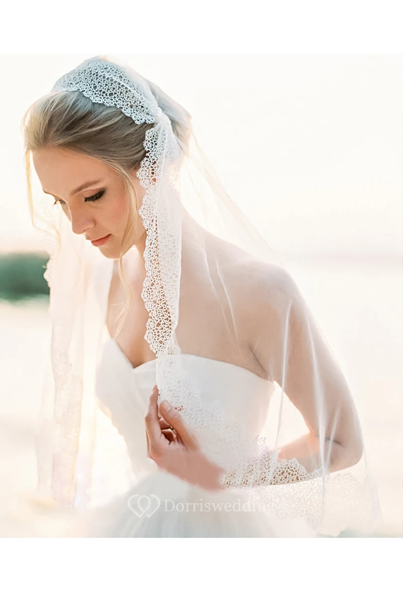 Vintage Style Long Tulle Wedding Veil with Lace Edge view 2