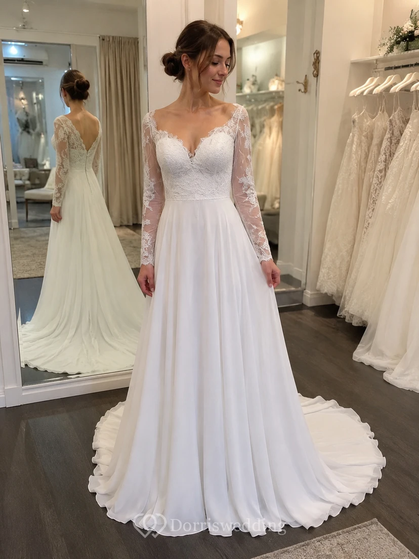 Lässiges Chiffon-Hochzeitskleid mit V-Ausschnitt und langen Ärmeln