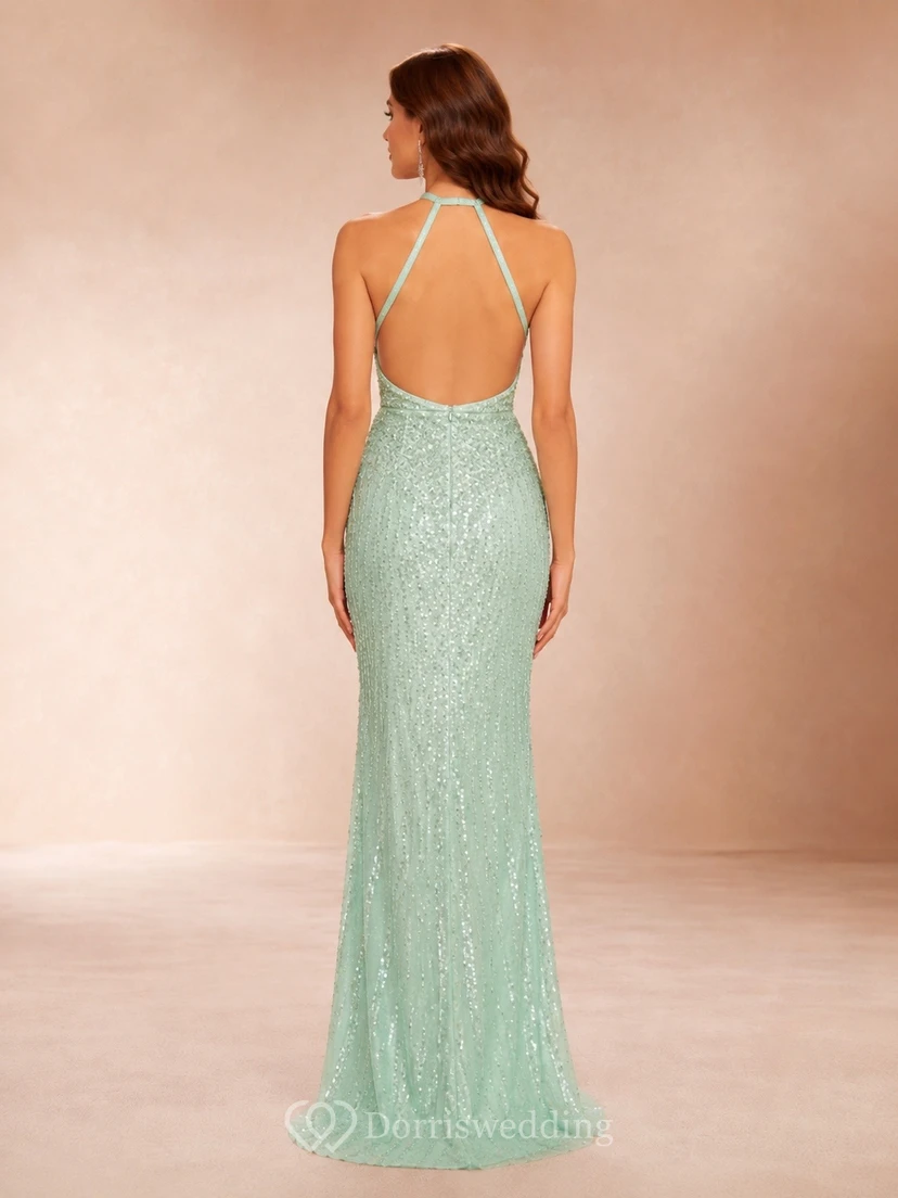 Mint Green Sequin Straps Sleeveless Sheath Floor-length Formal Evening Dress view 2