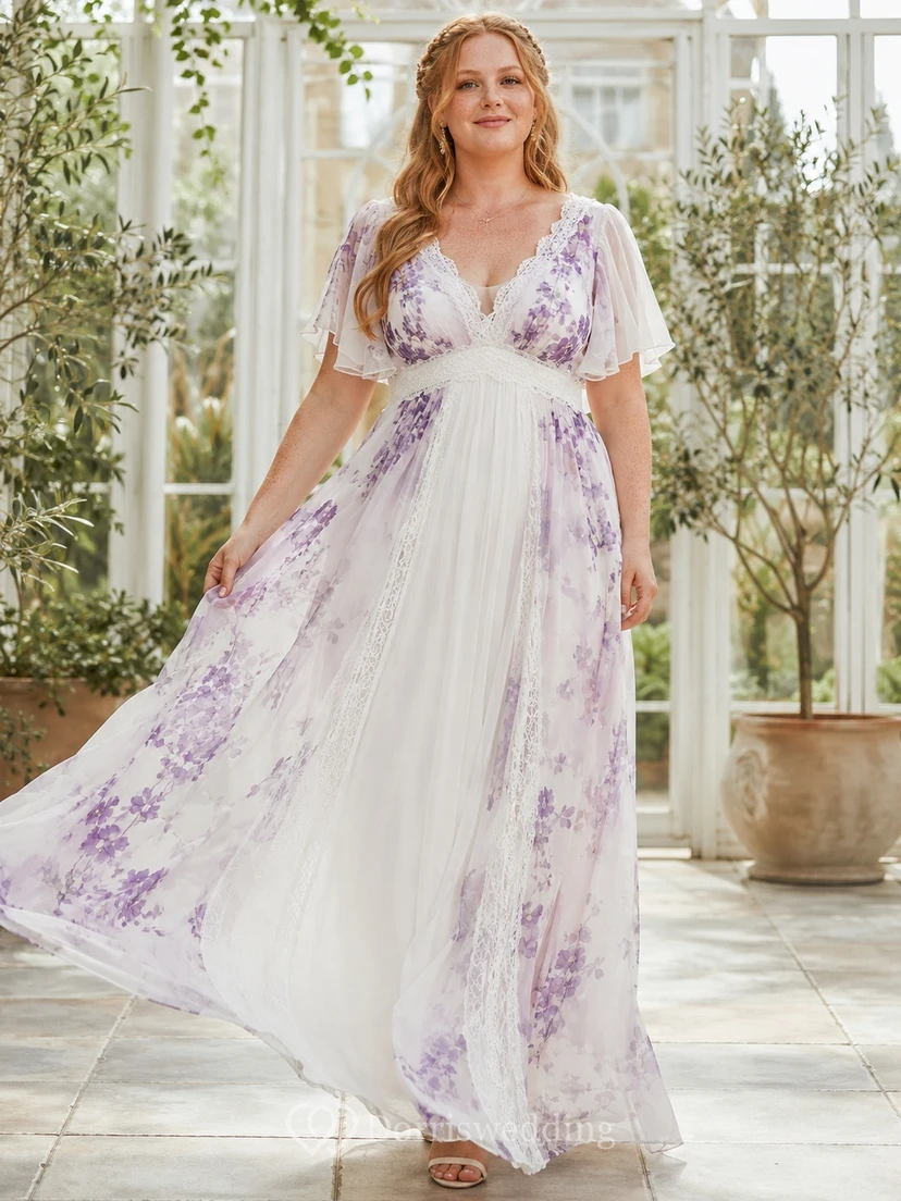 Lavender Floral Plus Size Empire A-Line Chiffon Bridal Dress V-neck Short Sleeve Sweep Train