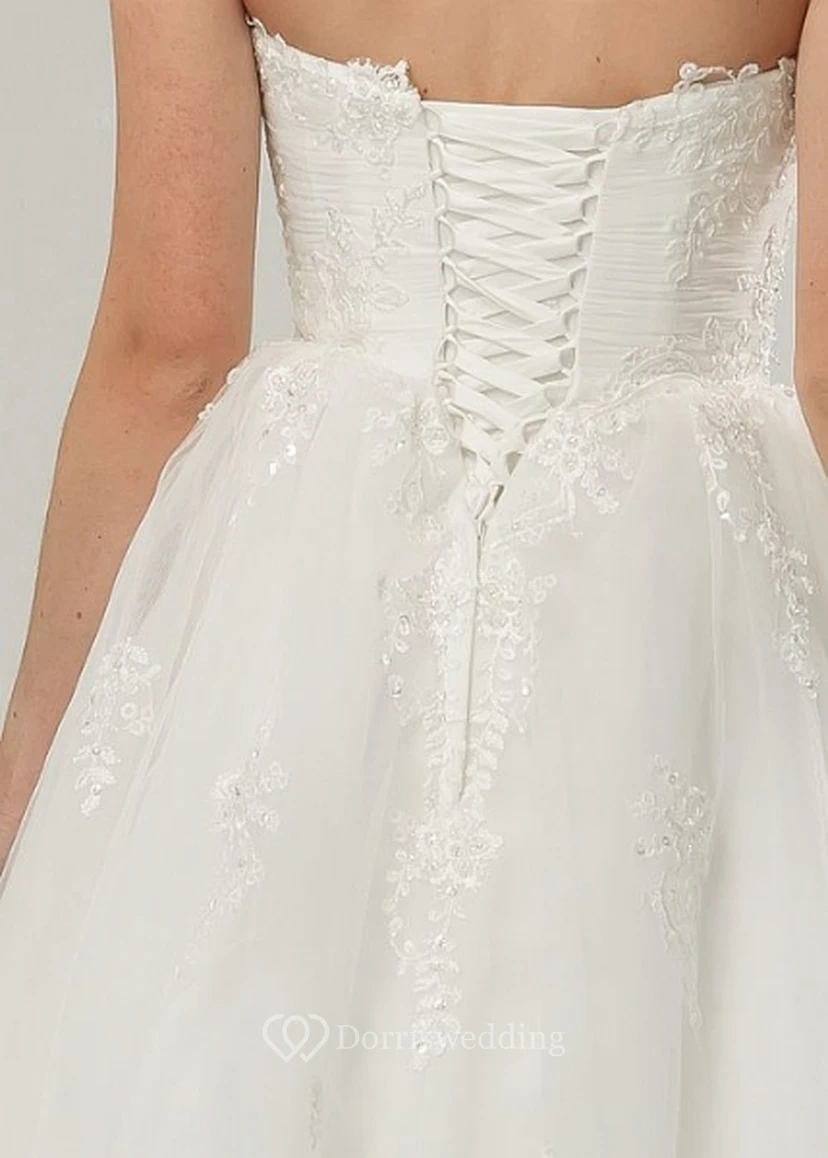 A-Line Tea-Length Criss-Cross Strapless Tulle Short Wedding Dress With Appliques And Corset Back view 4
