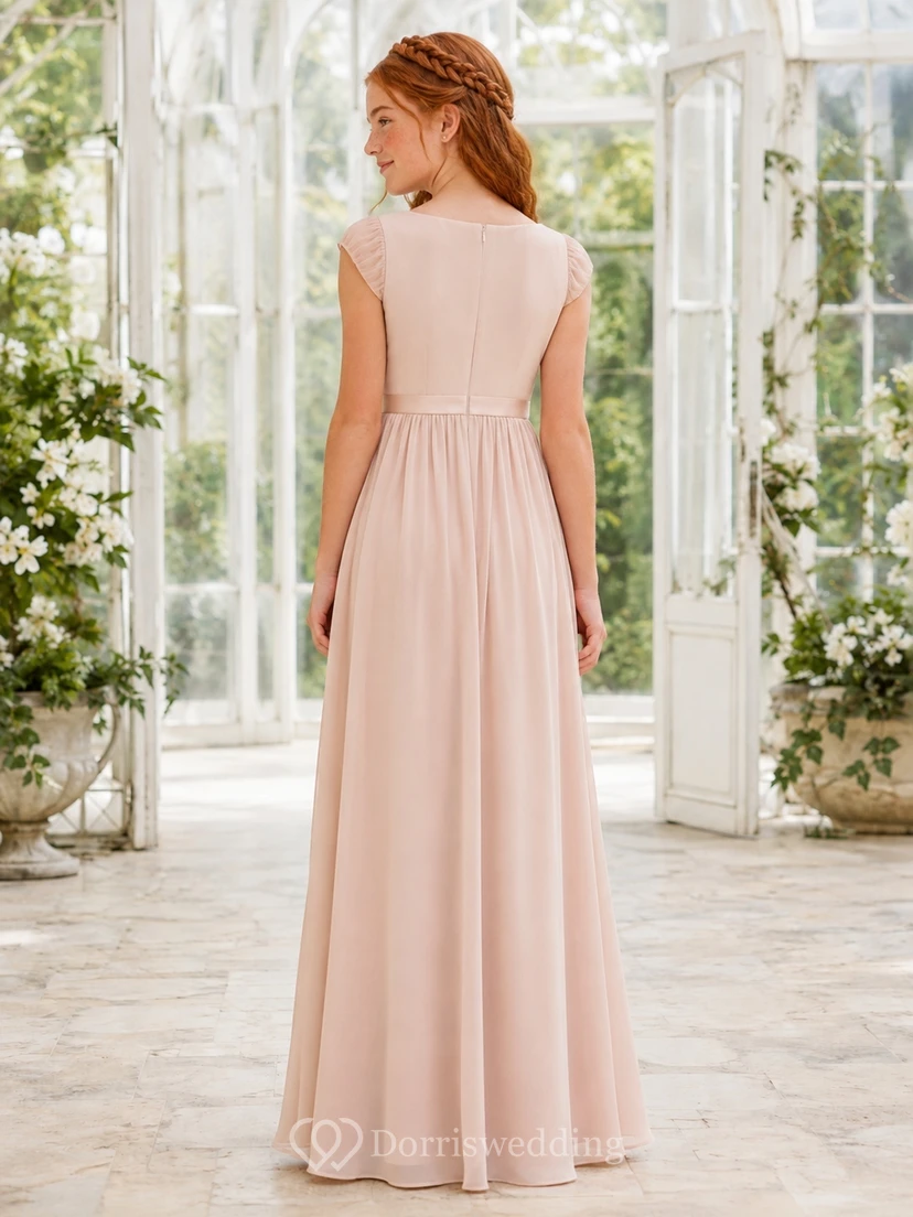Elegantes champagnerfarbenes Chiffonkleid mit kurzen Ärmeln, Strasssteinen, A-Linie und bodenlangem Schnitt für junge Brautjungfern view 2