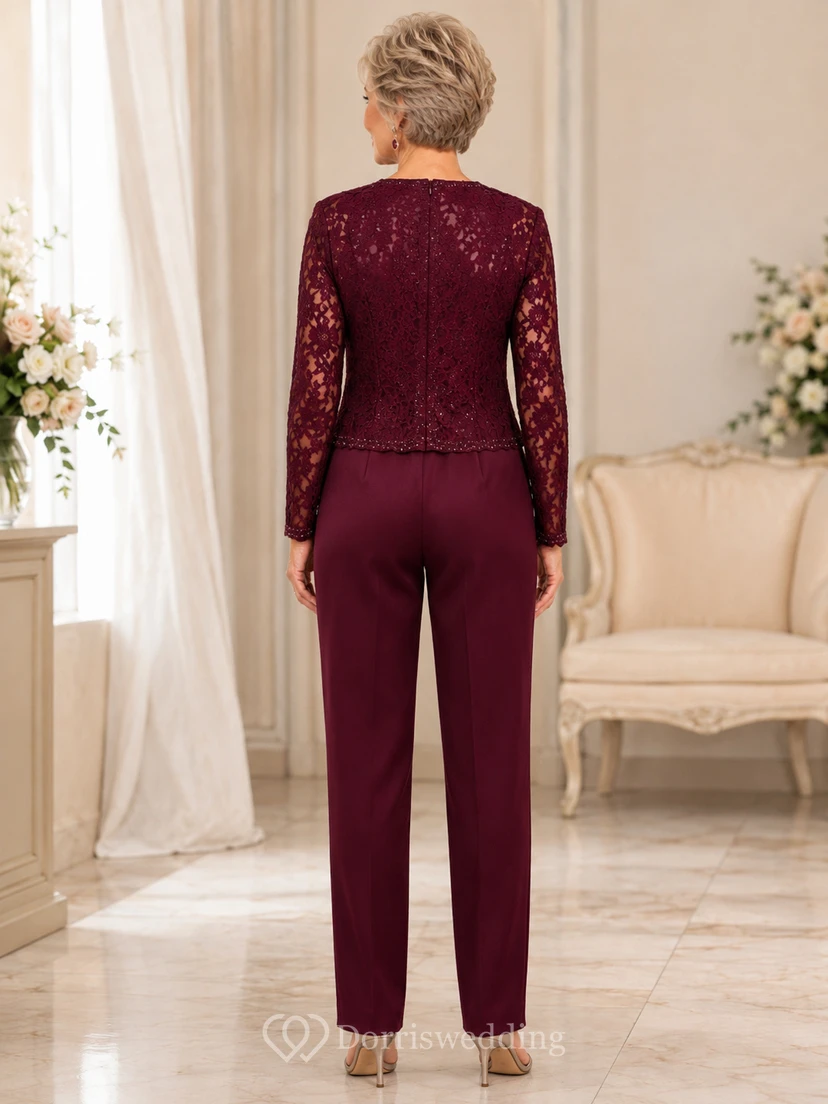 Burgunderfarbener Jumpsuit von Mother mit Satin-Top mit Rundhalsausschnitt, Spitzenjacke und gerader Hose view 2