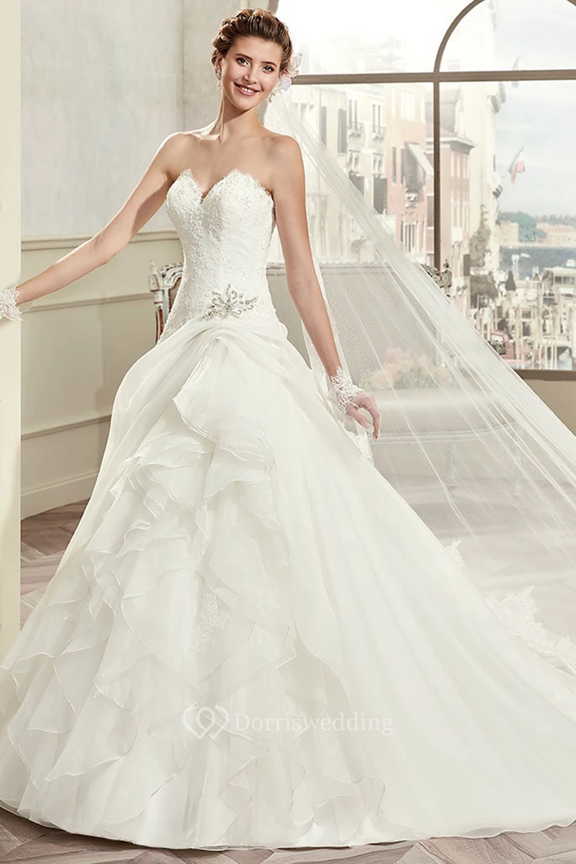 Sweetheart A-Line Lace Ruching Gown With Beaded Details And Lace-Up Back