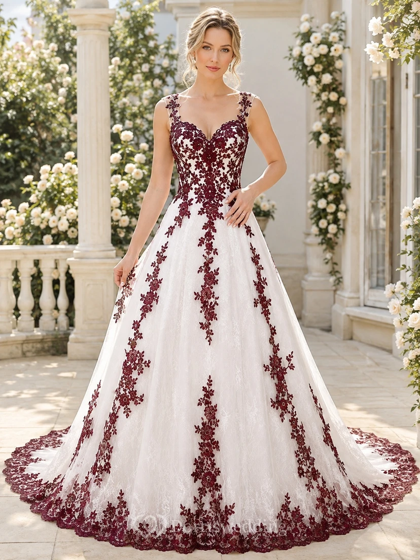 Robe de mariée bordeaux en tulle brodé, col en V, sans manches, coupe trapèze, traîne, en tulle brodé.