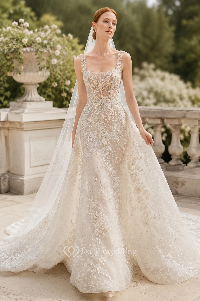 Robe de mariée trapèze à fines bretelles et perles, avec traîne chapelle