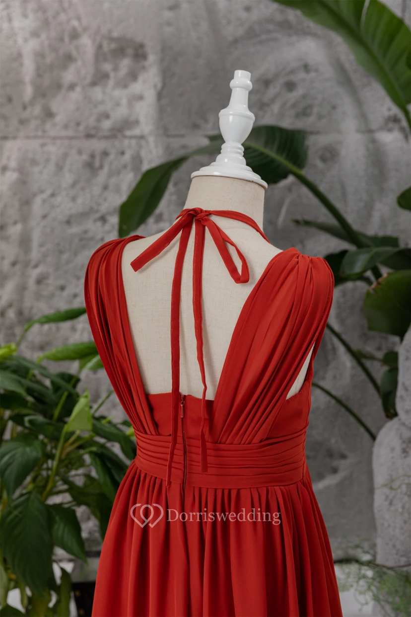 Red Halter Criss-cross Empire Chiffon Ruched Flowergirl Dress view 9