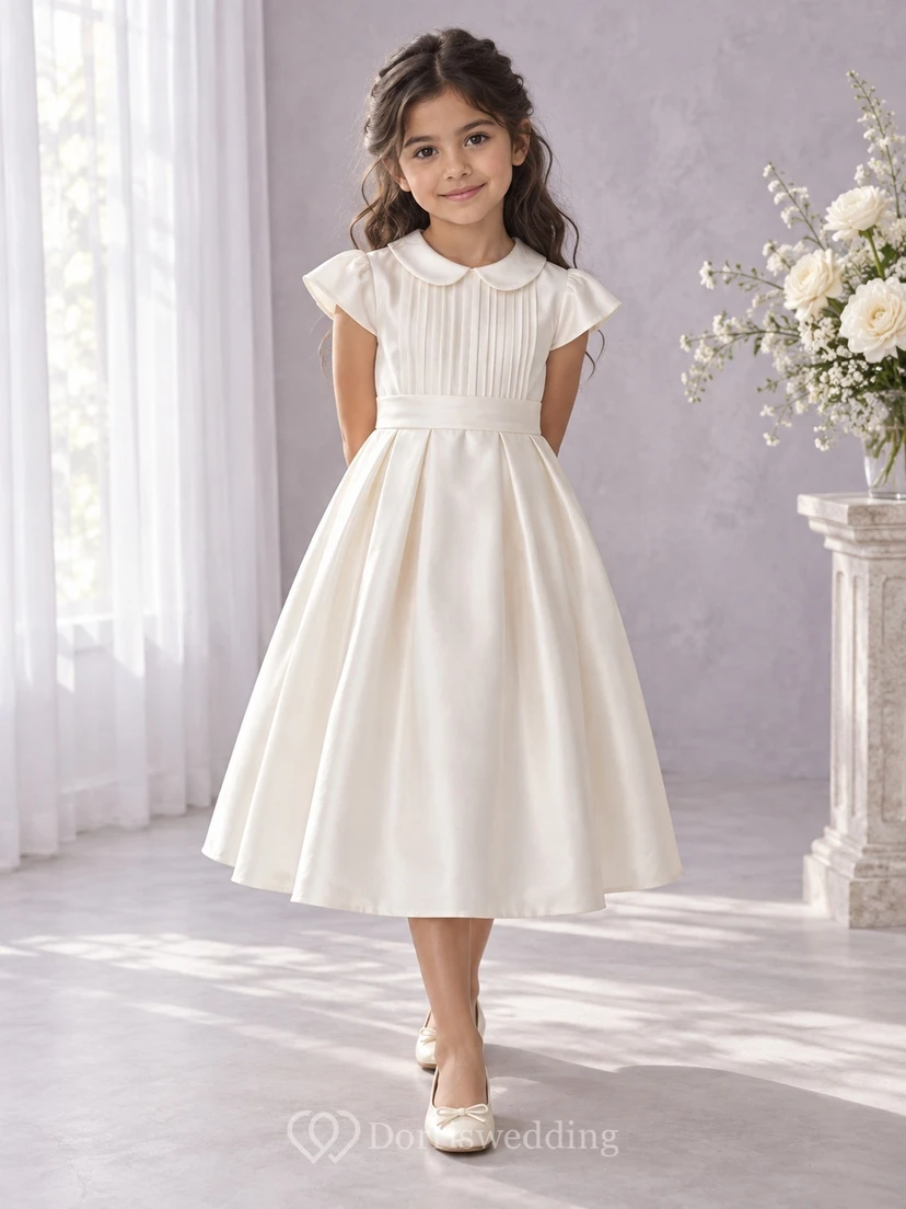 Tea-length Vintage Ivory A-line Satin Collared Pleated-bodice Ruffle-sleeve Flower Girl Dress