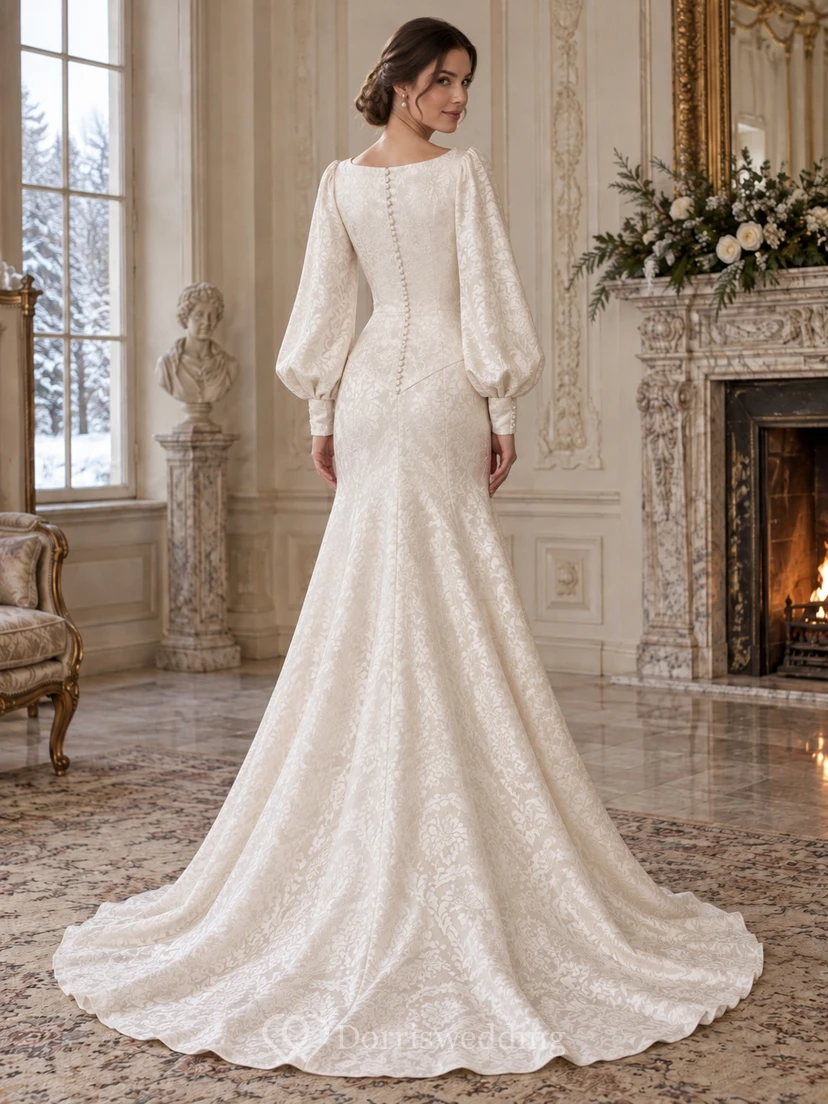 Vestido de novia de jacquard floral con mangas largas estilo sirena y escote barco. view 2