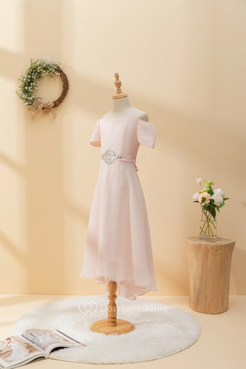 Chiffon Off-the-shoulder Spaghetti Casual Flowergirl Dress with Beaded Waist view 8