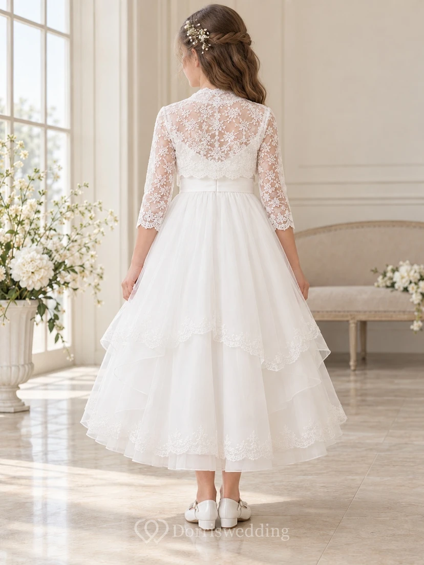 Vestido de niña de flores blanco de corte A con encaje y tul, manga tres cuartos y volantes, hasta la rodilla. view 2