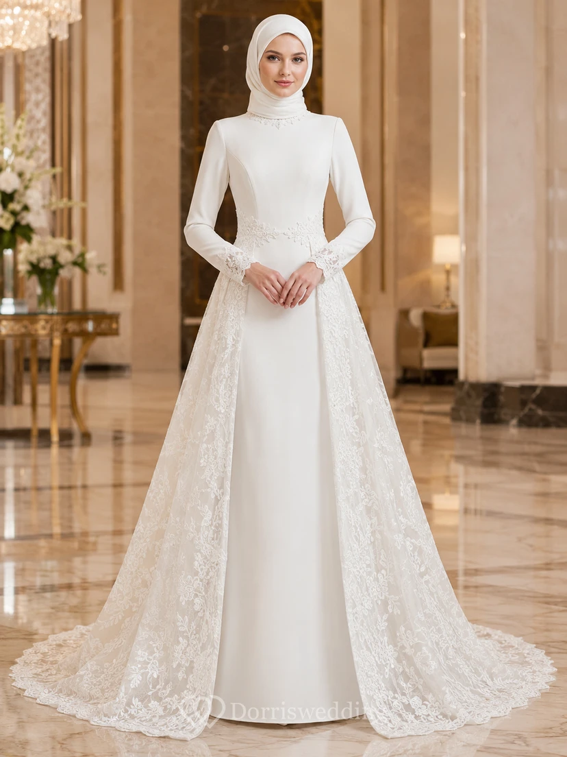 Vestido de novia sencillo musulmán de satén con cuello alto y sobrefalda de encaje desmontable