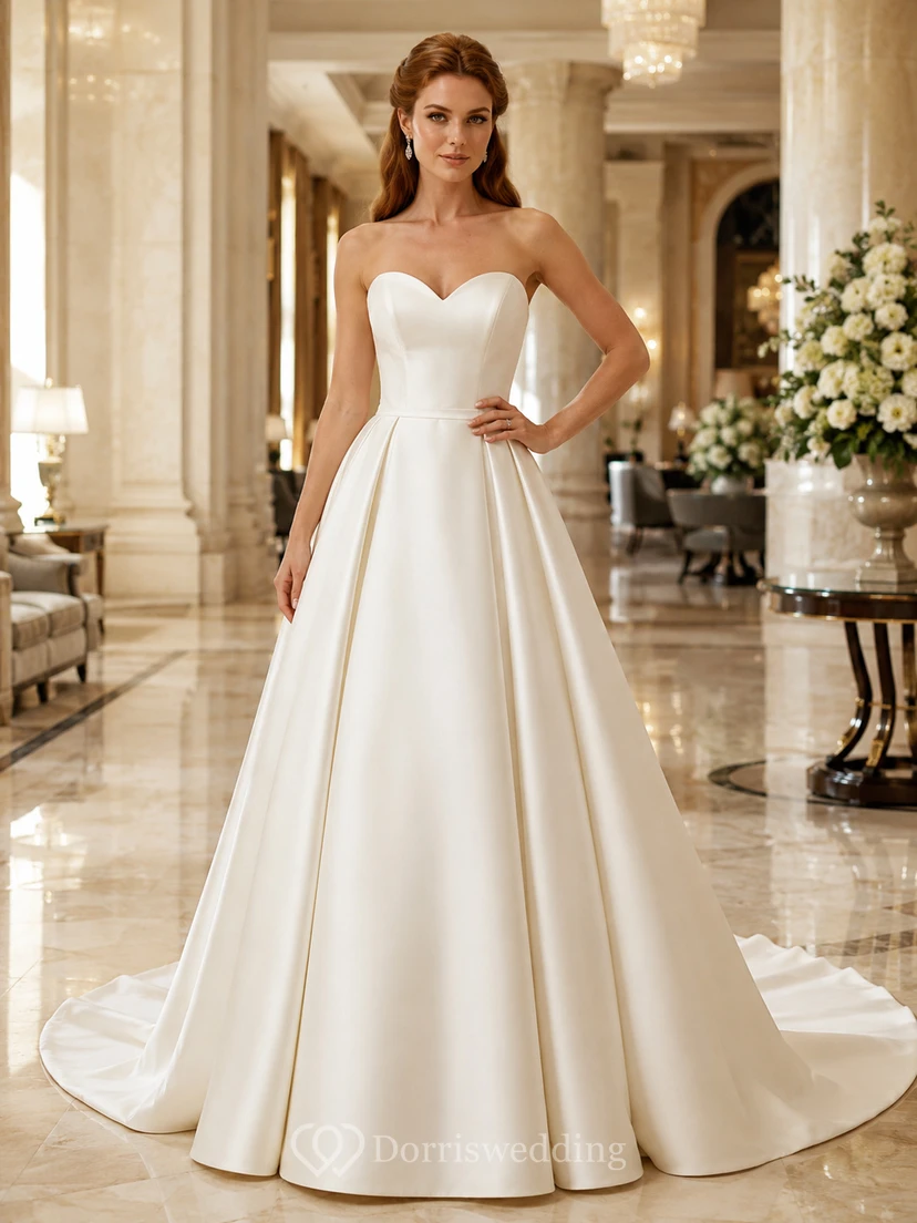 Vestido de novia minimalista de satén, estilo princesa, sin tirantes, con escote corazón y cola larga.