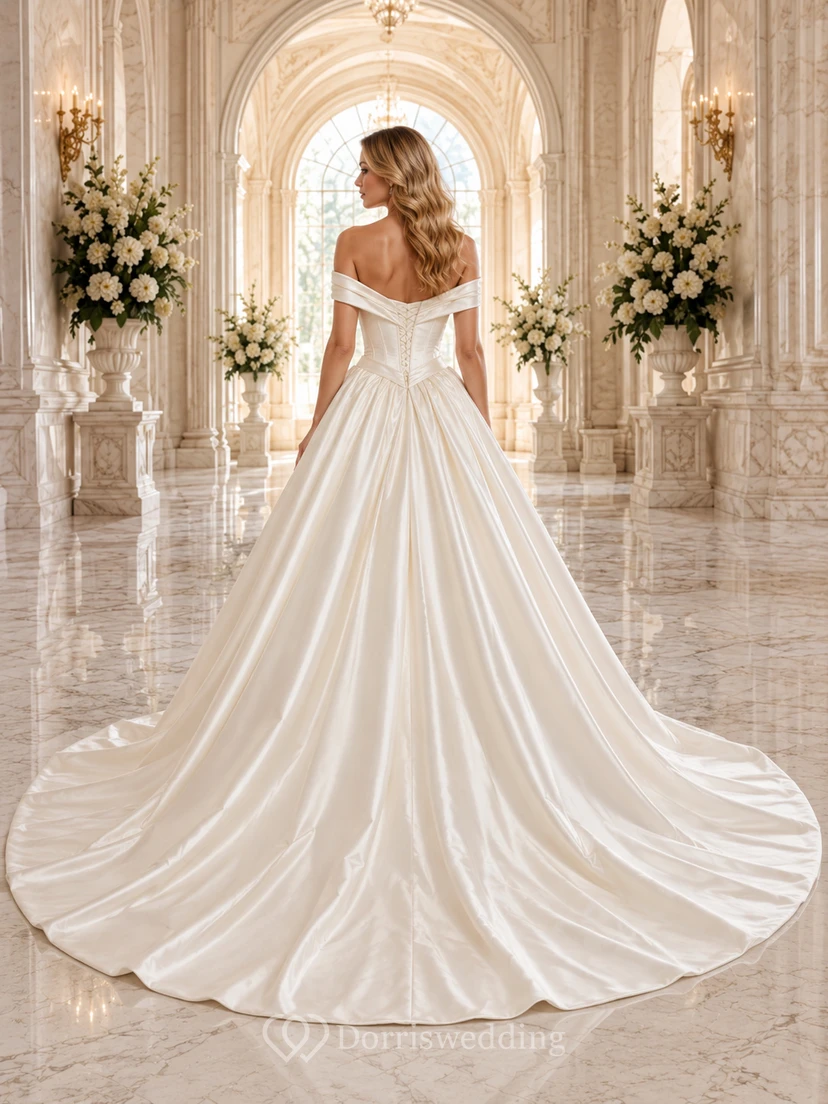Vestido de novia minimalista de satén, estilo princesa, con hombros descubiertos y cola larga. view 2