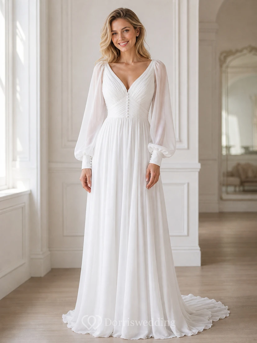 Chiffon-Hochzeitskleid mit langen Ärmeln und Puffärmeln in Übergröße im Empire-Stil view 2