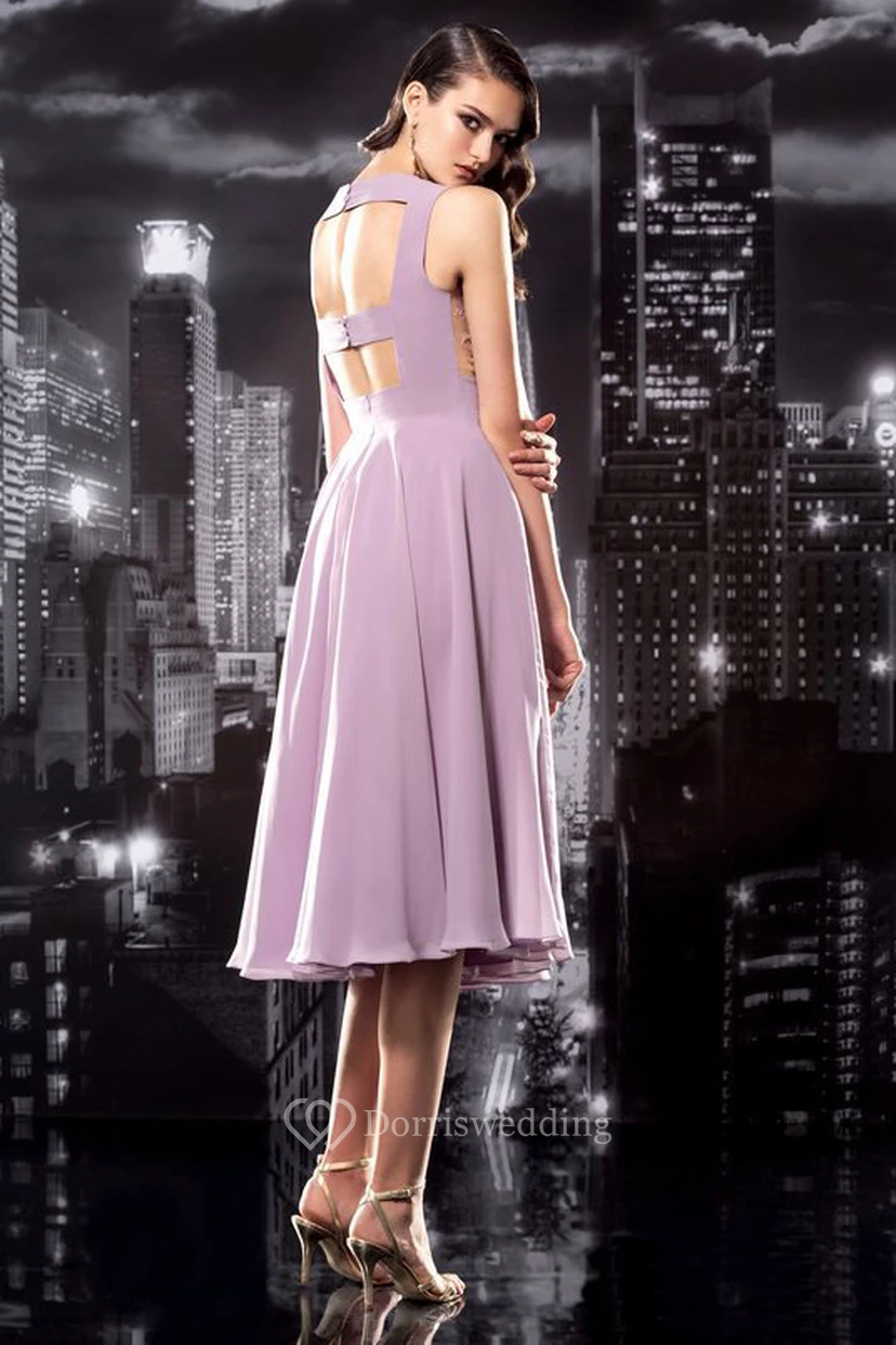 A-Line Tea-Length V-Neck Sleeveless Jersey Keyhole Dress With Appliques view 2