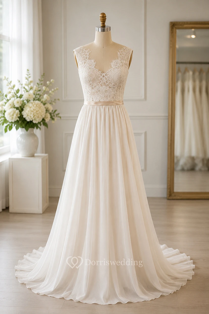 Robe de mariée en mousseline sans manches à col en V avec corsage et traîne. view 7