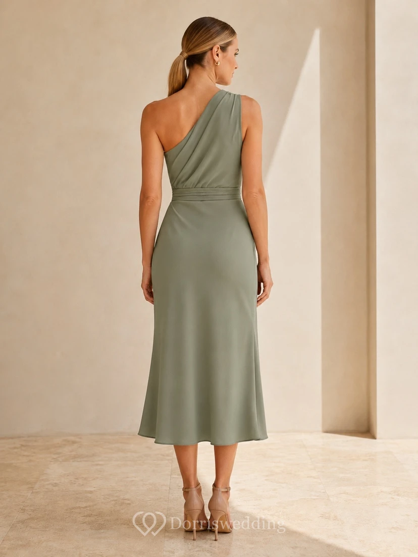 Vestido de gasa sin mangas de un solo hombro, largo hasta la rodilla, color verde salvia, con abertura frontal. view 2