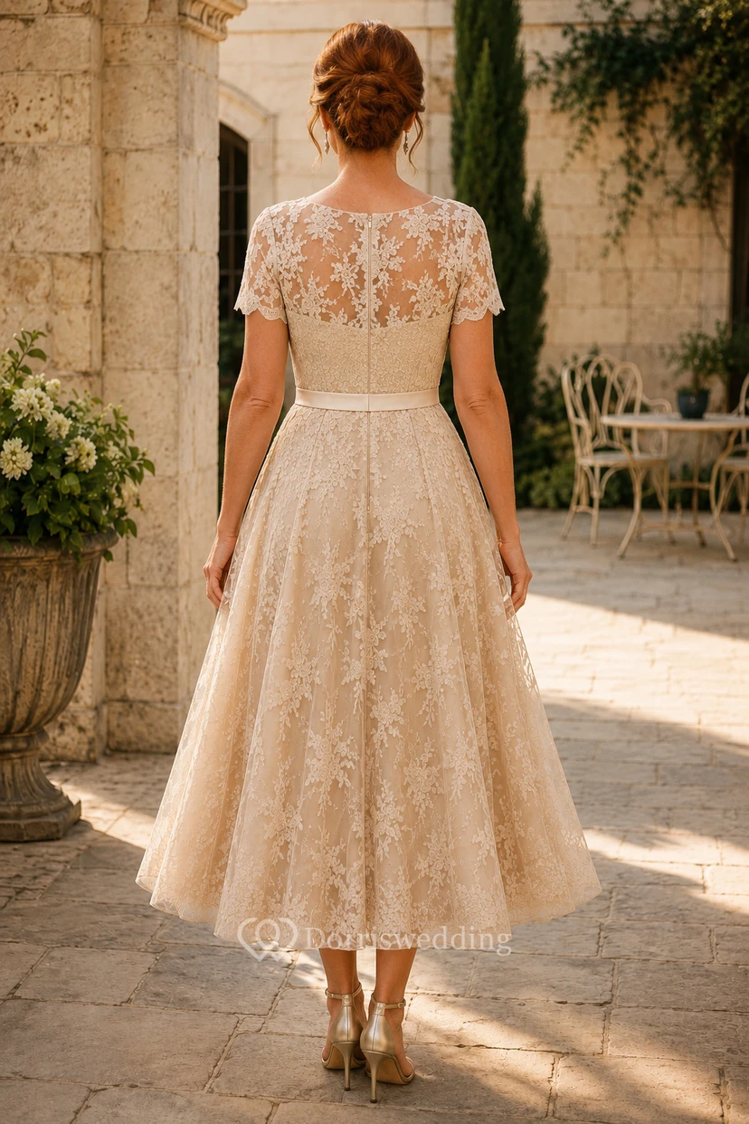 Robe MOB en dentelle champagne et tulle, coupe trapèze, manches courtes, encolure bateau, longueur thé view 2