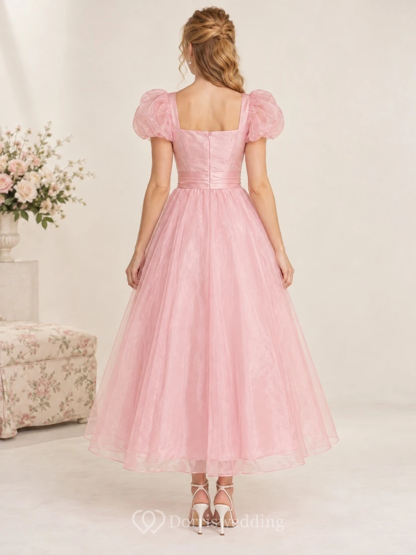 Tea-length Blush Square Neck Puff Sleeve Tulle A-line Prom Dress view 2