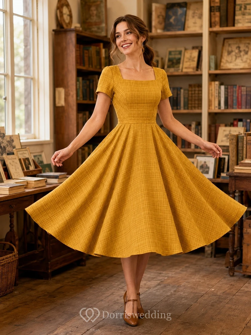 Robe midi trapèze vintage dorée à col bijou et manches courtes