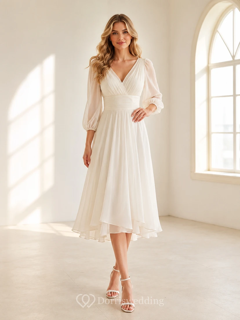 Robe de mariée romantique en mousseline, coupe trapèze, longueur thé, col en V, manches longues, style A-line, style Airy Renewal