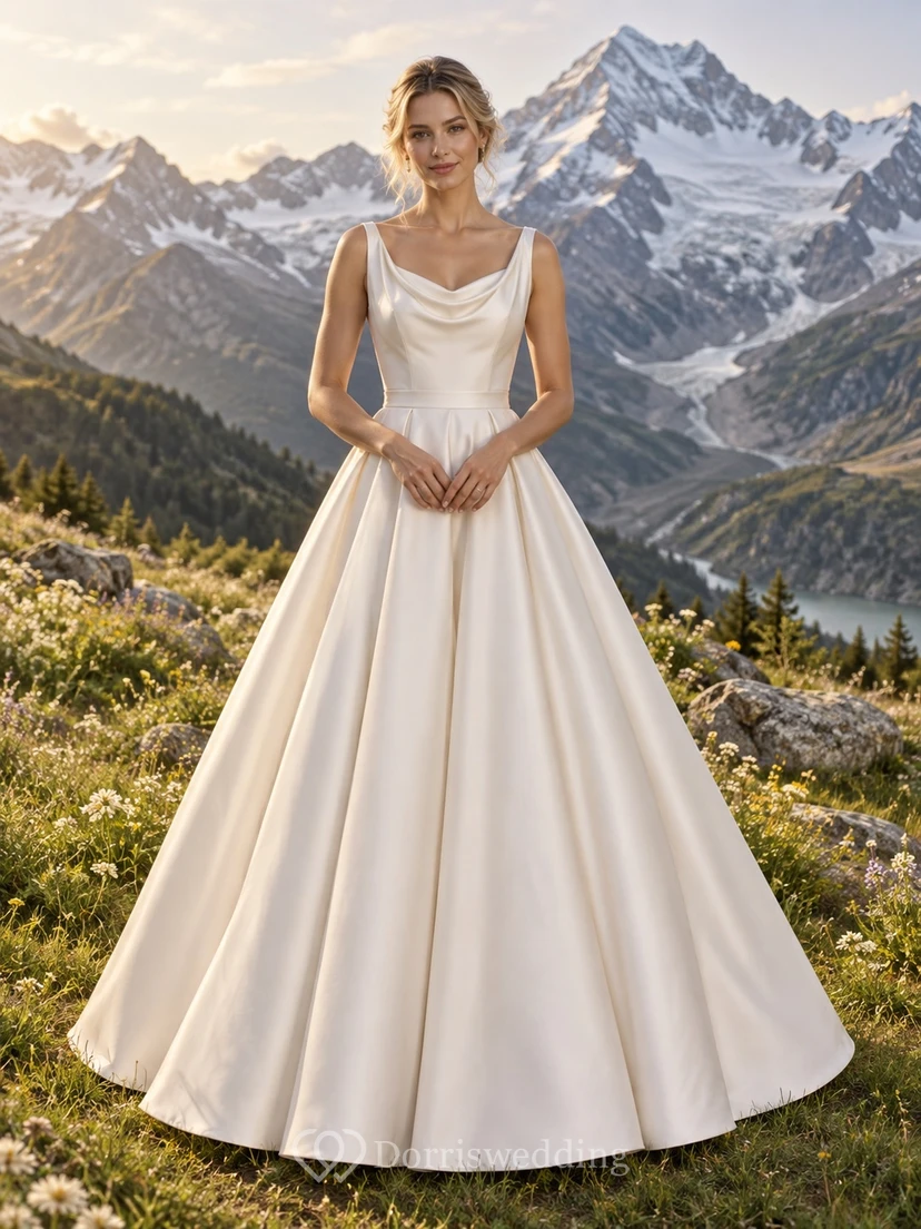Vestido de novia sencillo de satén con escote drapeado, corte en A, sin mangas y cola.