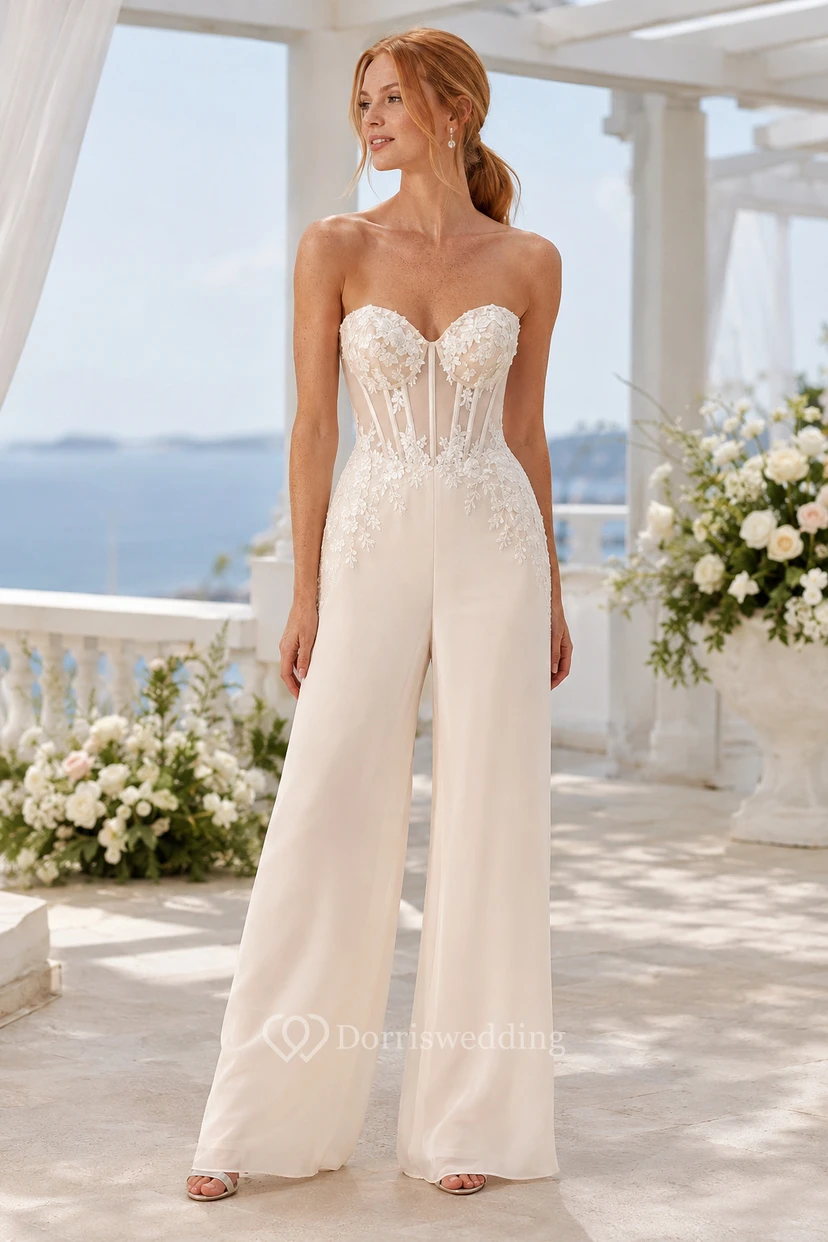 Ivory Strapless Lace Corset Bridal Jumpsuit
