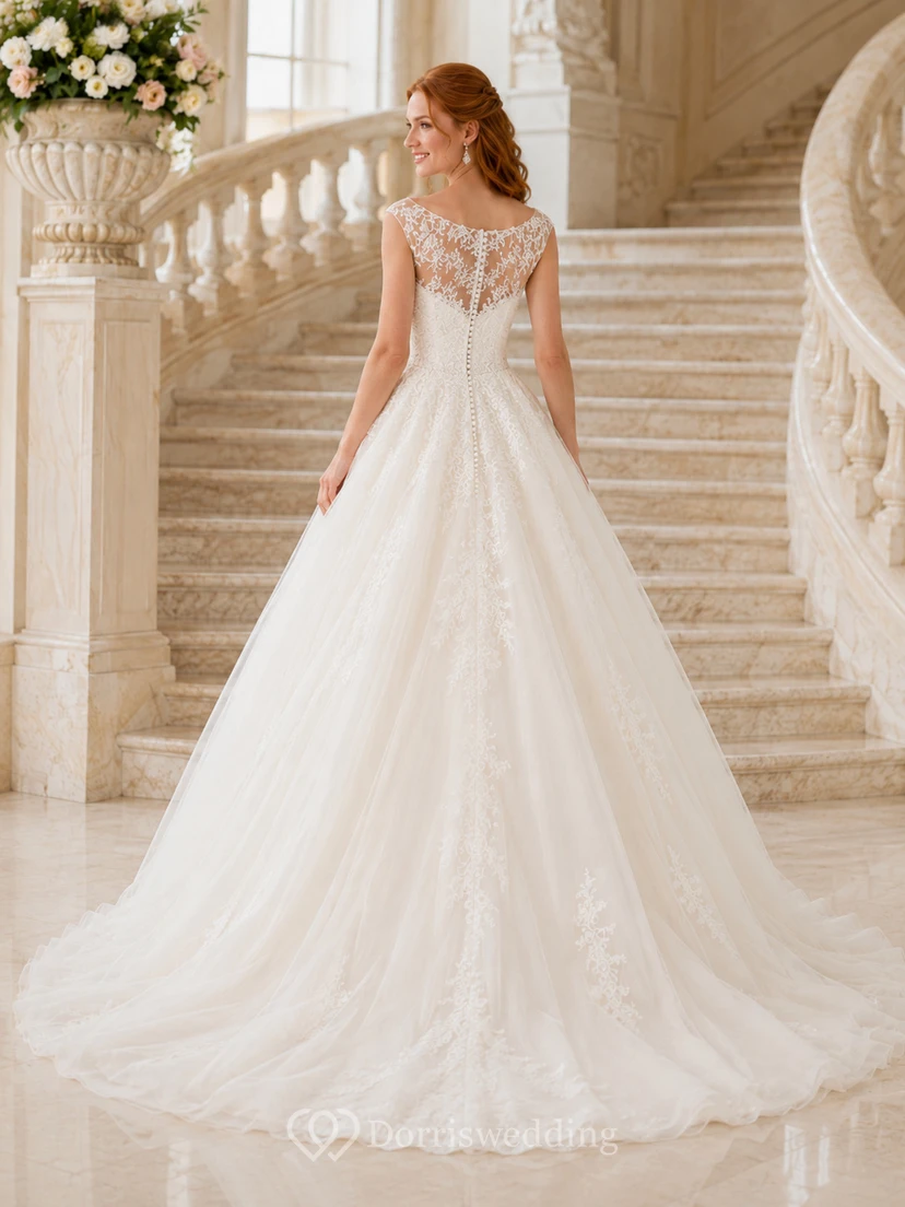 Prinzessin-Bateau-Ballkleid aus Tüll mit kurzen Ärmeln, ideal für die Kapellenhochzeit view 2