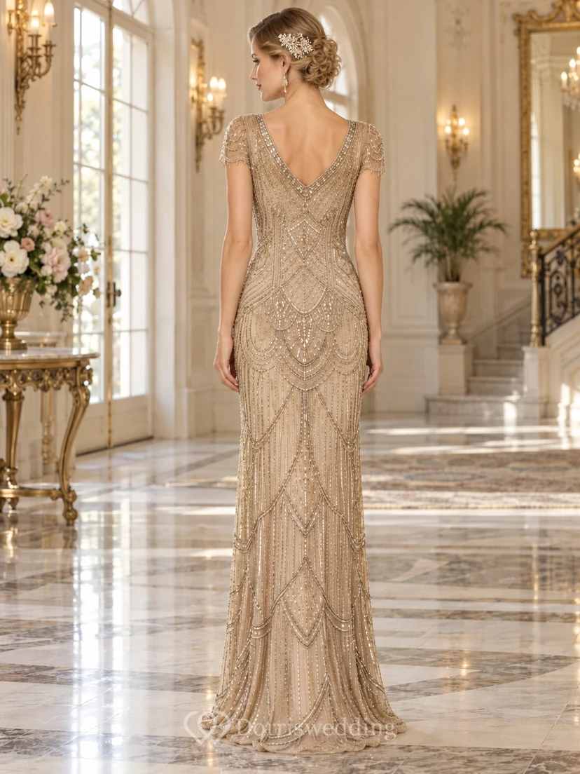 1920s Champagne V-neck Geometric Beaded Cap Sleeve Long Formal Dress view 2