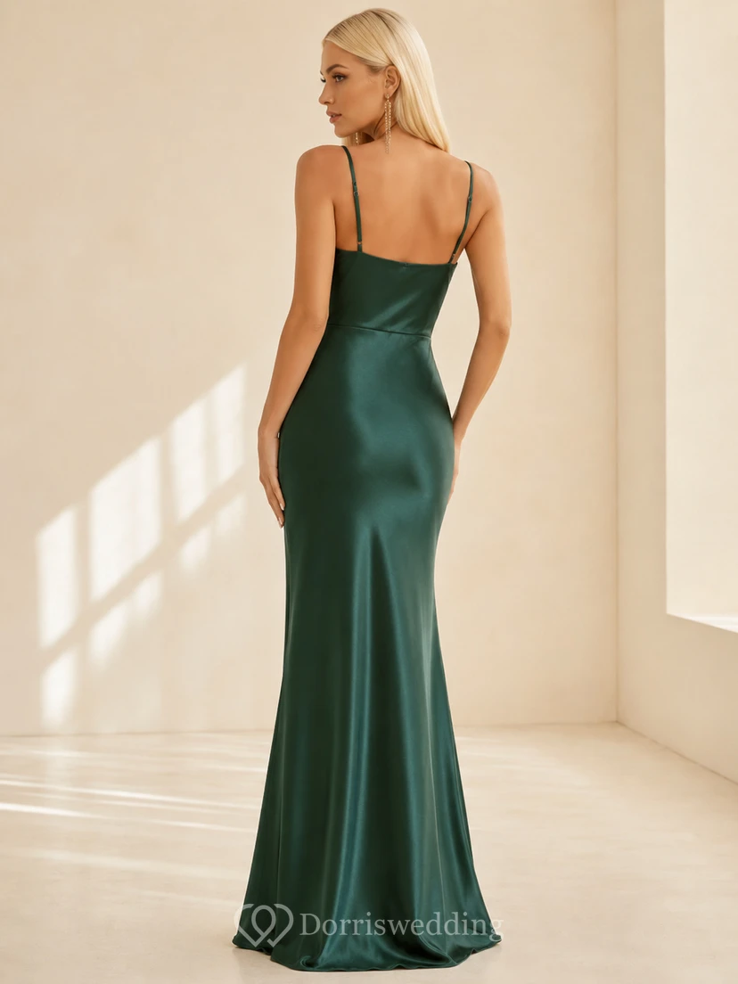 Dark Green Satin Cowl Neck Sheath Evening Dress view 2