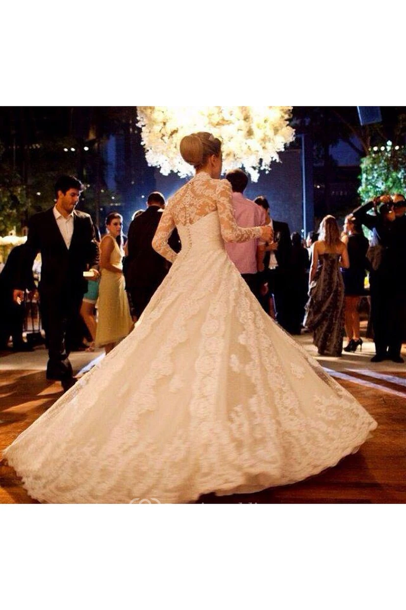 Elegant V-neck Long Sleeve Lace Wedding Dress Ball Gown view 2