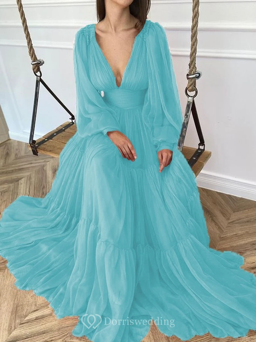 Sexy V-neck Puff Long Sleeve Chiffon Layered Empire Dress view 6