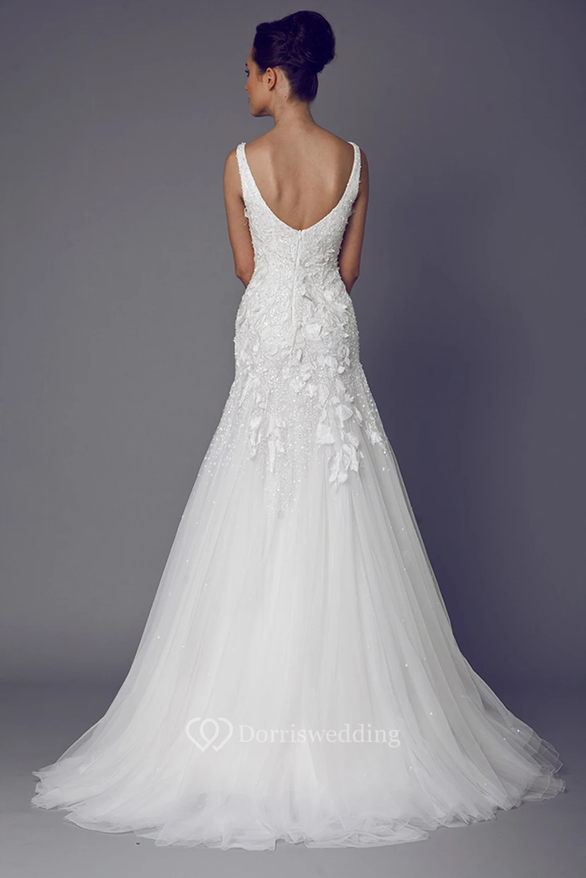 Long V-Neck Appliqued Tulle Wedding Dress With Sweep Train And V Back view 2